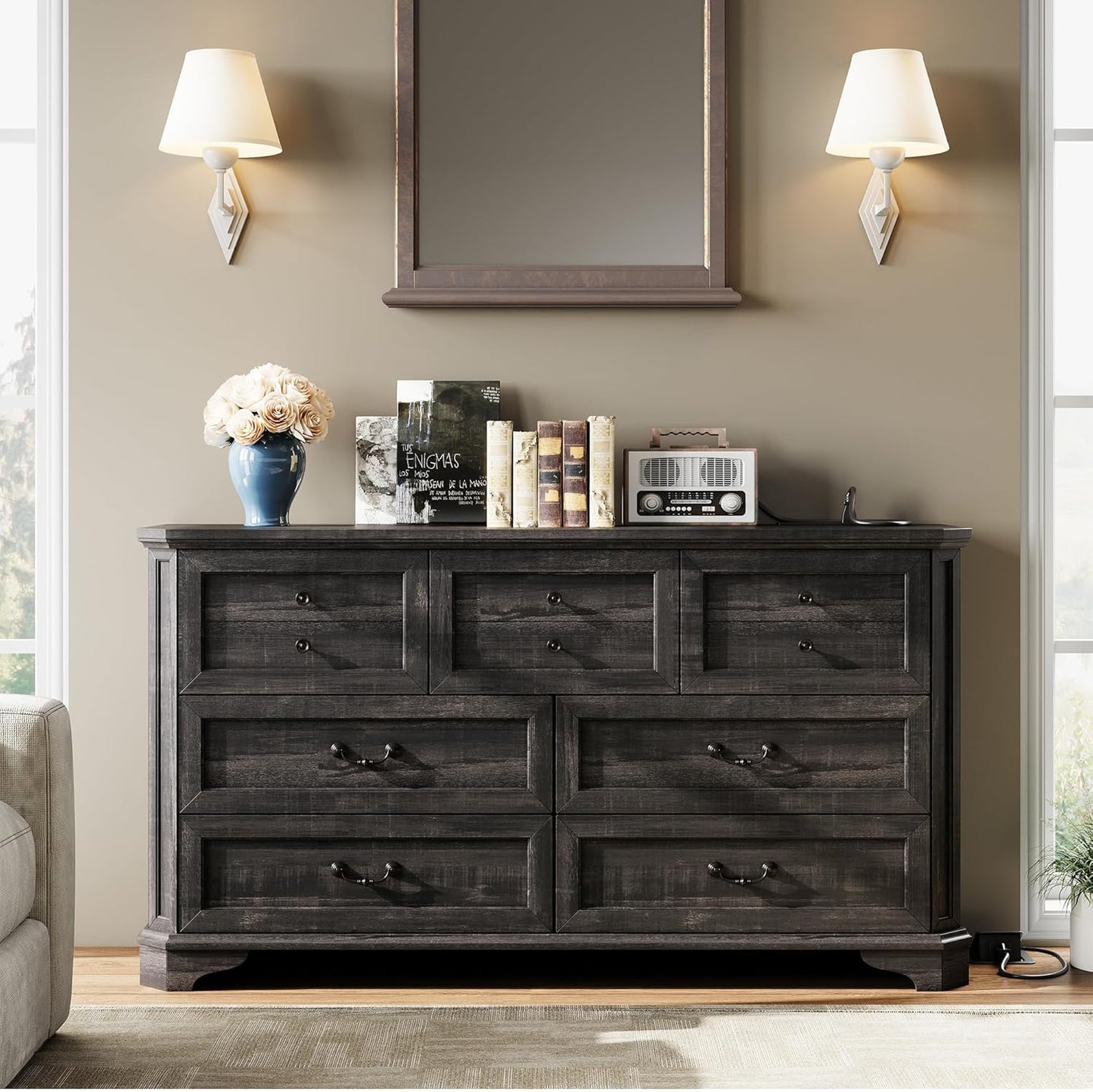 Farmhouse 7 Drawers Dresser for Bedroom, 59" Long Dresser with Charging Station, Natural Texture, Vintage Design, for Bedroom, Charcoal