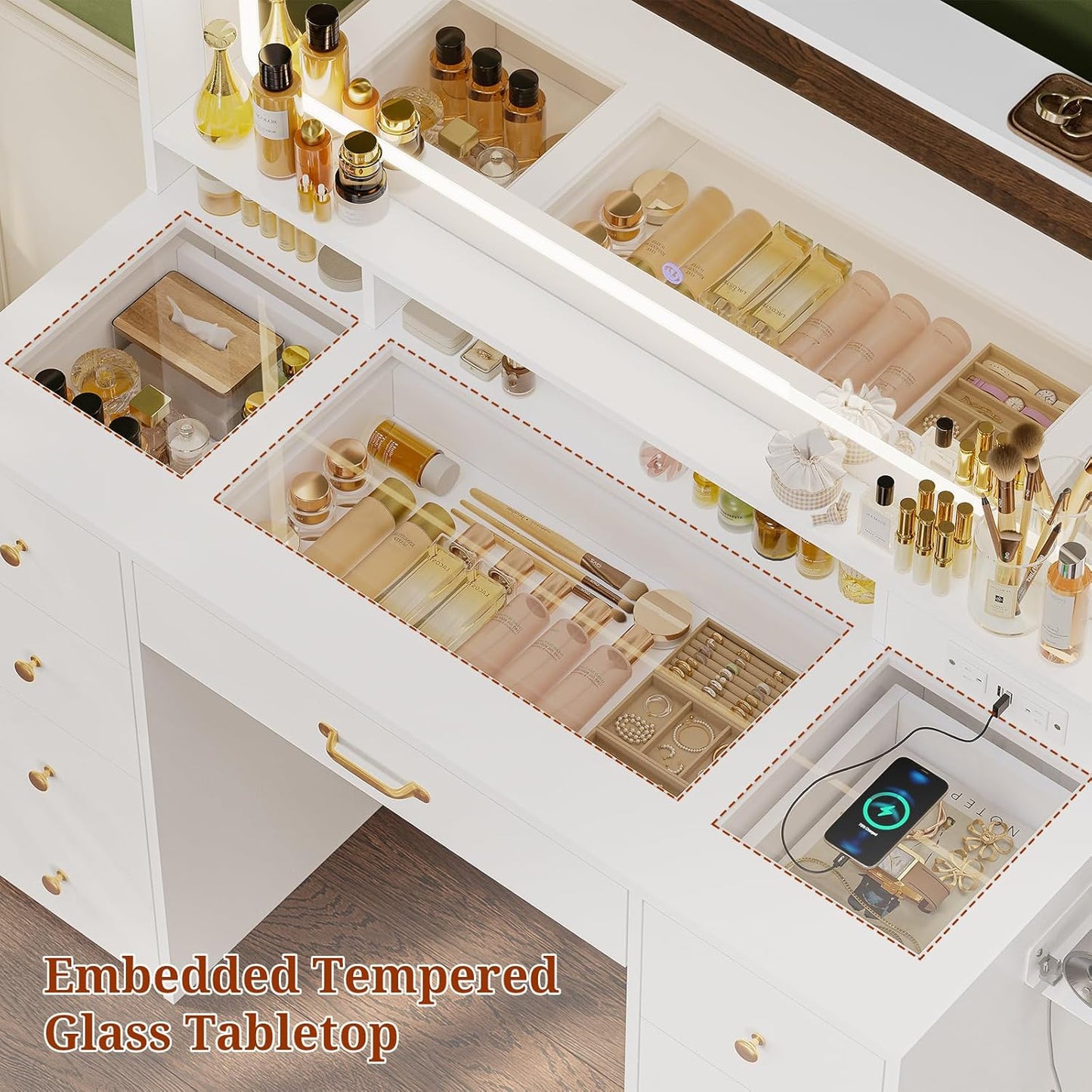 Makeup Vanity & Lighted Mirror, Vanity Desk with Power Strip, Adjustable Lighting, 7 Drawers, Dressing Room, Ivory