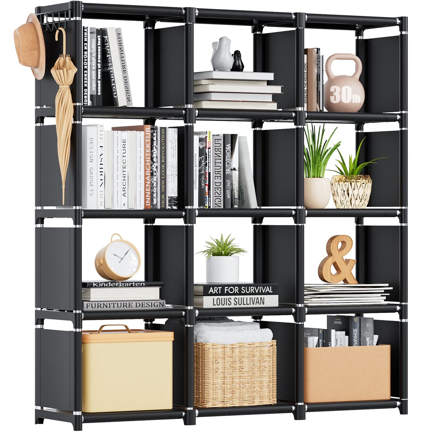 Book Shelf, 12 Cube Storage Organizer, DIY Bookcase, Metal Bookshelf,Tall Book case for Bedroom, Living Room,Office,Closet, Black Cubicle Rack