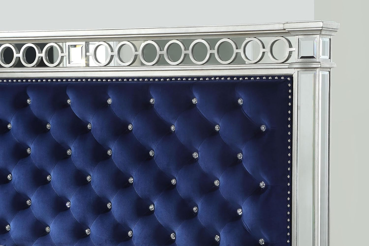 Queen - Varian Upholstered Panel Bed in Blue Velvet with Mirrored Accents