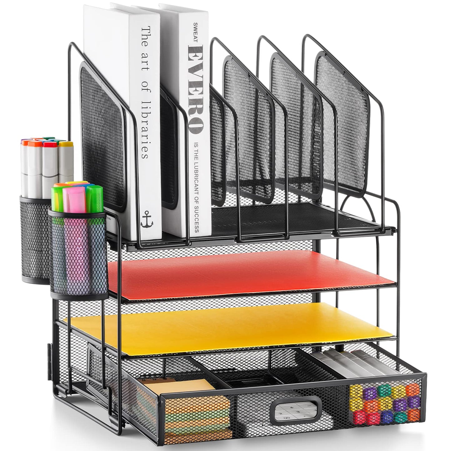 Desk Organizer with Drawer, 4-Tier Mesh Desk File Organizer with 5 Vertical File Holders and 2 Pen Holders, Multifunction Desktop Organizer