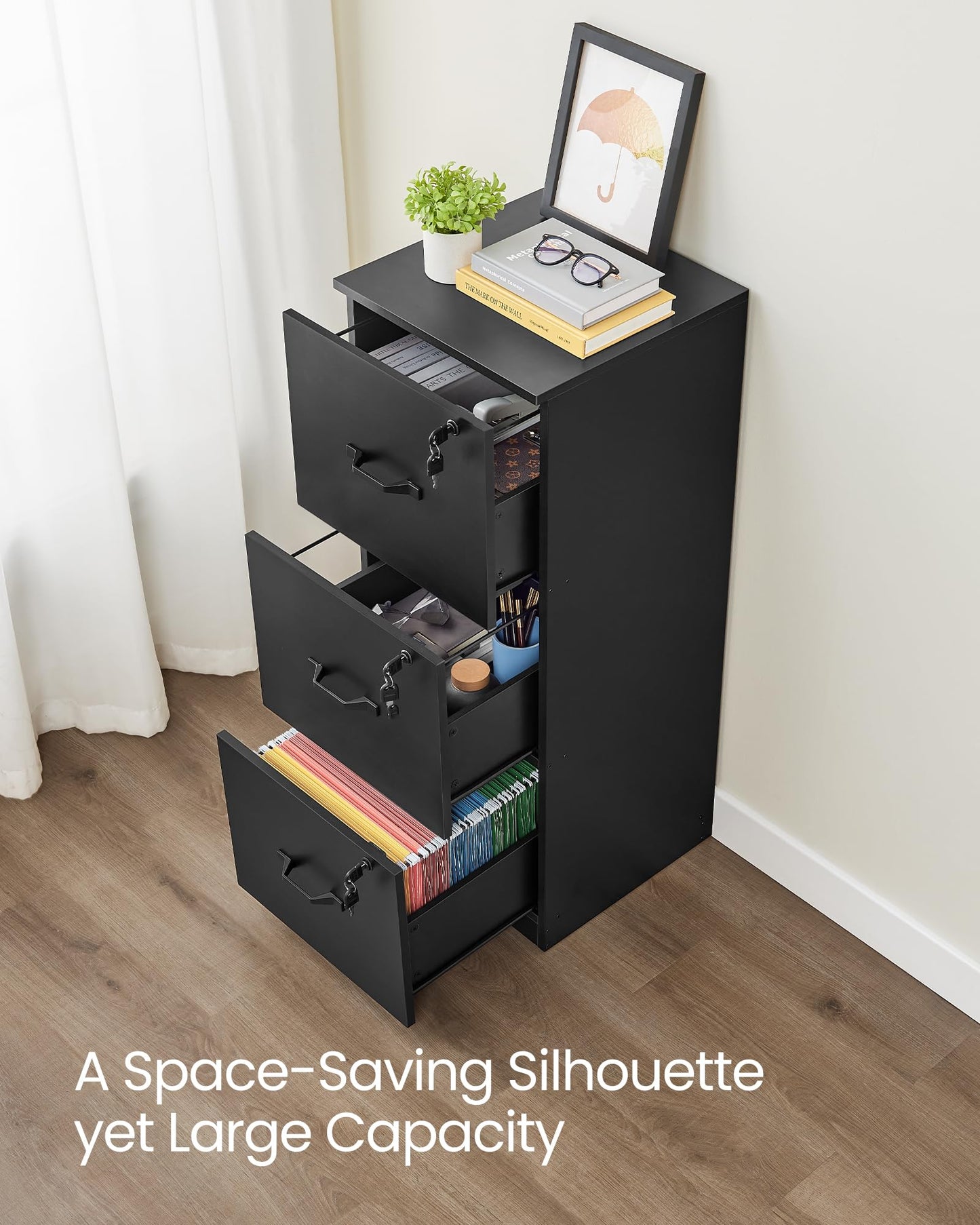 3 Drawer File Cabinet, File Cabinet with Lock, Printer Stand, Office Filing Cabinet Organizer, for A4 and Letter Size Files, Ink Black