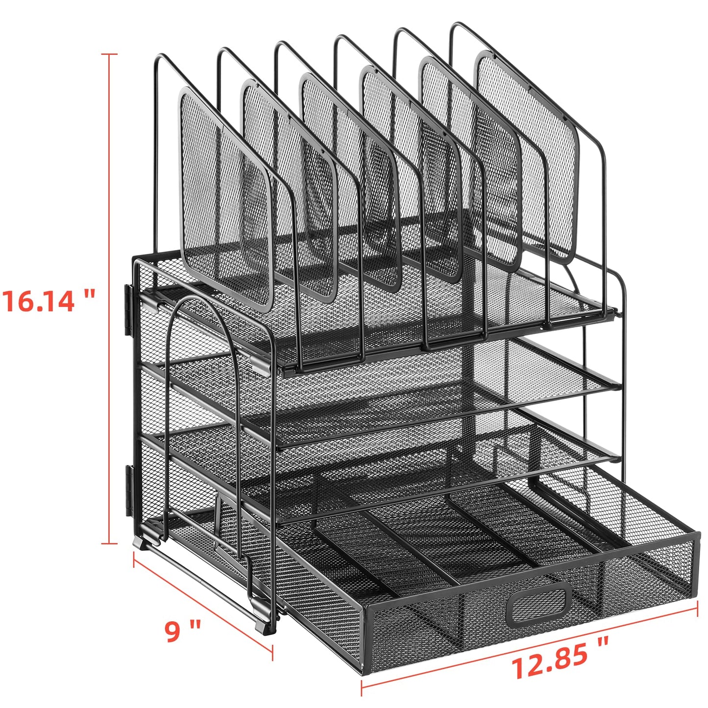 Desk Organizer with Drawer, 4-Tier Mesh Desk File Organizer with 5 Vertical File Holders and 2 Pen Holders, Multifunction Desktop Organizer