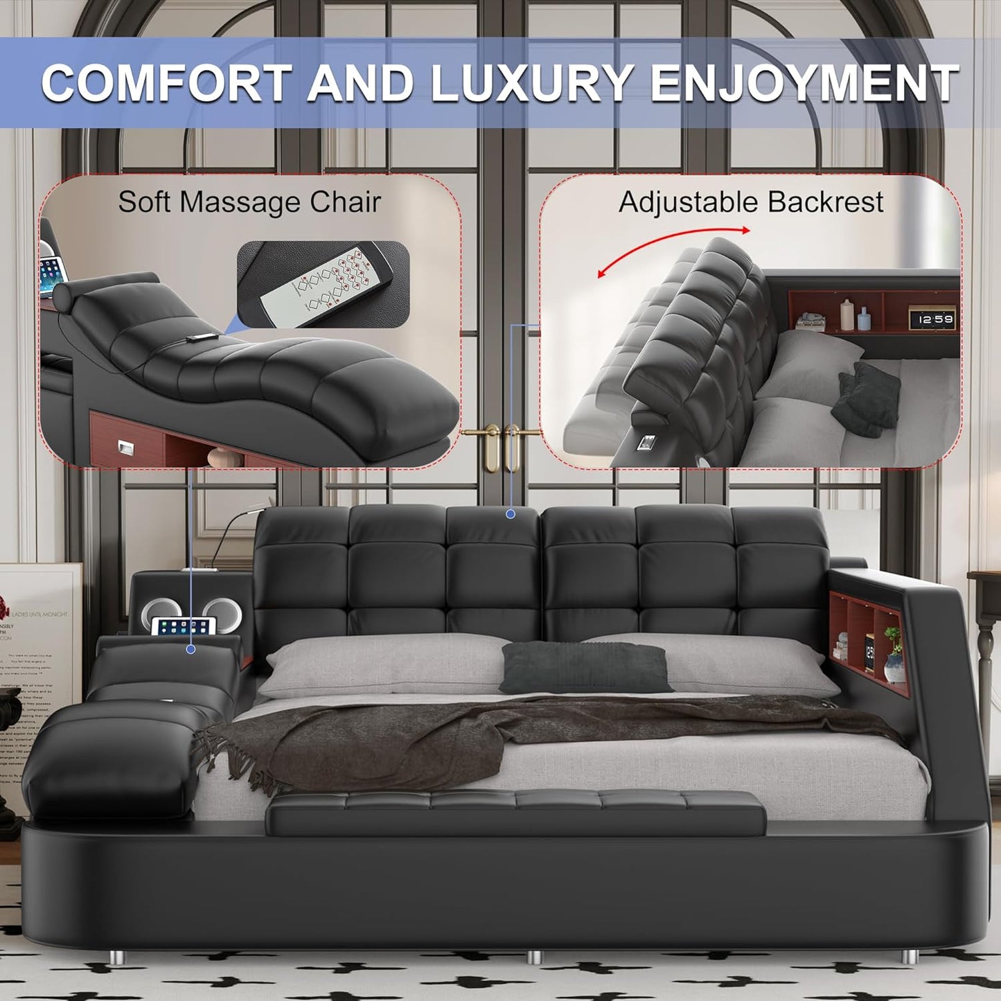 Queen - Multifunction Smart Bed Frame – Luxury Upholstered Platform with Massage Recliner, Bluetooth Speaker, USB Charging Station, Storage Drawers, Leather Headboard & Wooden Slats, Black