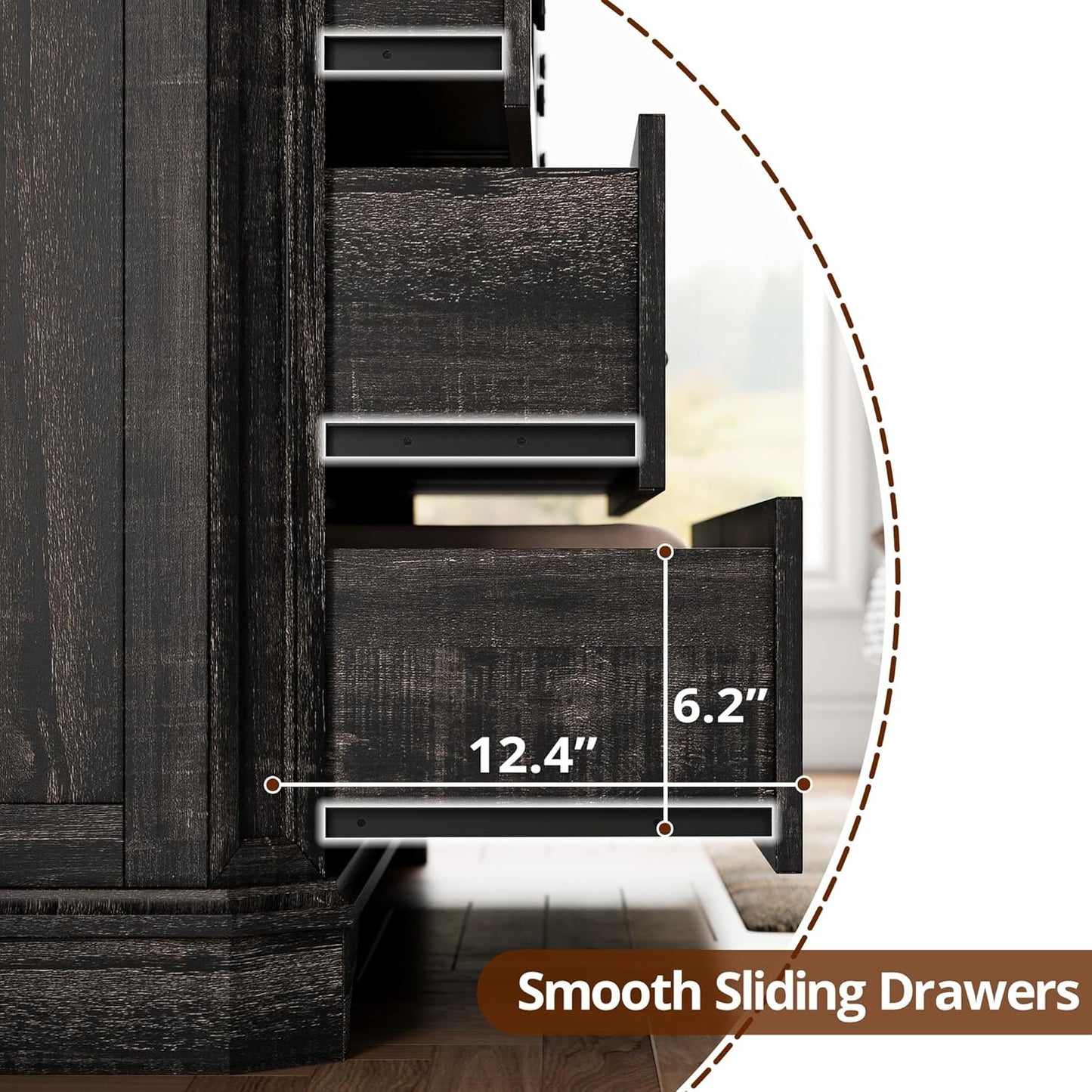 Farmhouse 7 Drawers Dresser for Bedroom, 59" Long Dresser with Charging Station, Natural Texture, Vintage Design, for Bedroom, Charcoal