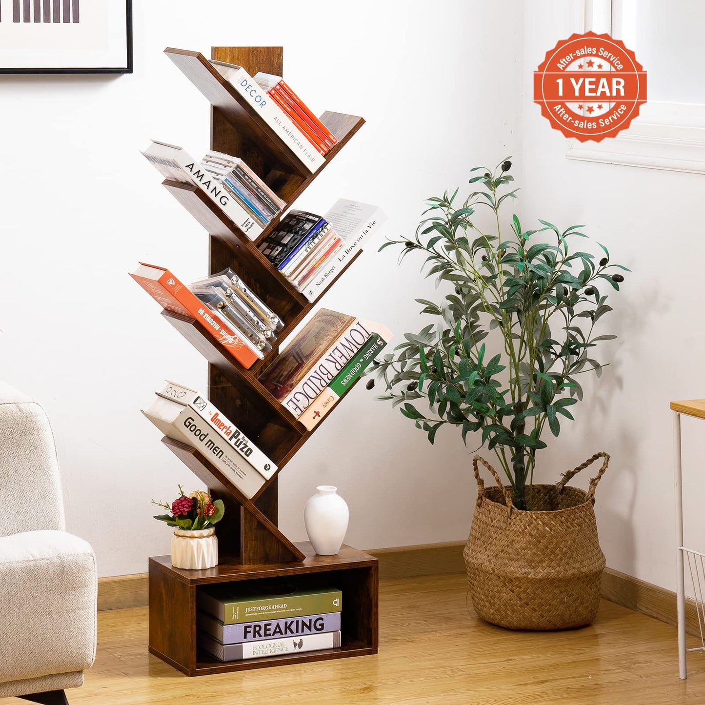 Tree Bookshelf - 6 Shelf Retro Floor Standing Bookcase, Tall Wood Book Storage Rack for CDs/Movies/Books, Utility Book Organizer Shelves for Bedroom, Living Room, Home Office