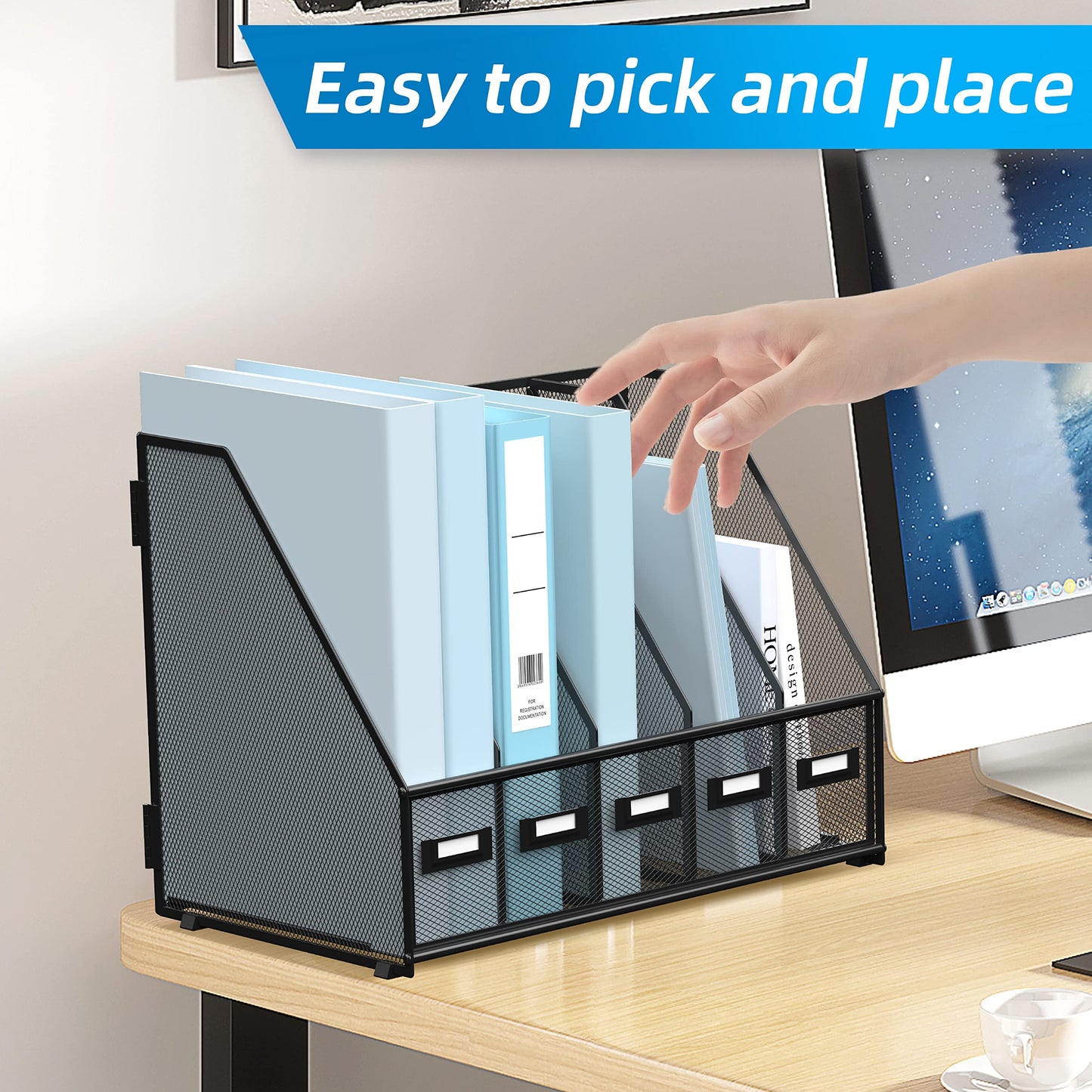 Desk Organizers Metal Desk Magazine File Holder with 5 Vertical Compartments Rack File Organizer for Office Desktop, Home Workspace, Black
