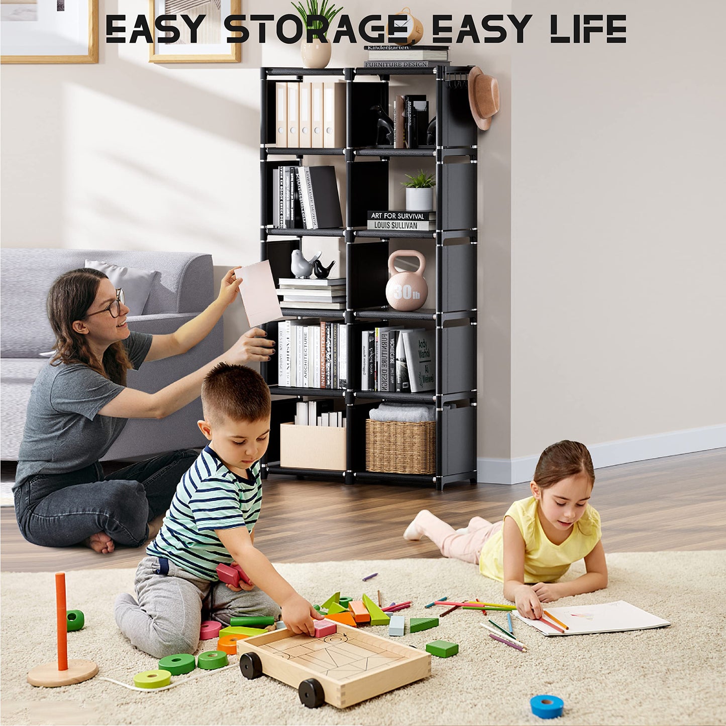 Book Shelf, 12 Cube Storage Organizer, DIY Bookcase, Metal Bookshelf,Tall Book case for Bedroom, Living Room,Office,Closet, Black Cubicle Rack