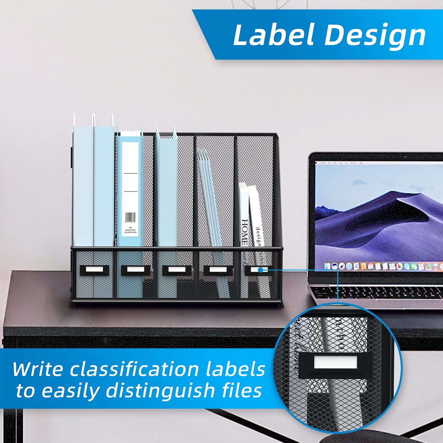 Desk Organizers Metal Desk Magazine File Holder with 5 Vertical Compartments Rack File Organizer for Office Desktop, Home Workspace, Black