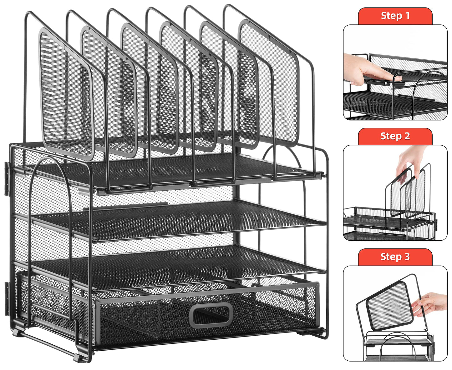 Desk Organizer with Drawer, 4-Tier Mesh Desk File Organizer with 5 Vertical File Holders and 2 Pen Holders, Multifunction Desktop Organizer