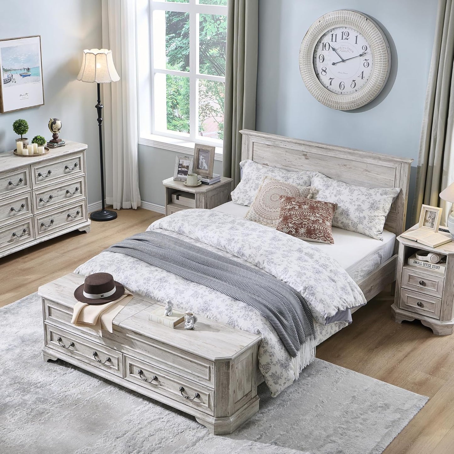 Queen - Farmhouse Bed with Headboard and Storage Bench - Rustic Wood Platform Bed with Storage Chest and 4 Large Drawers, Distressed White