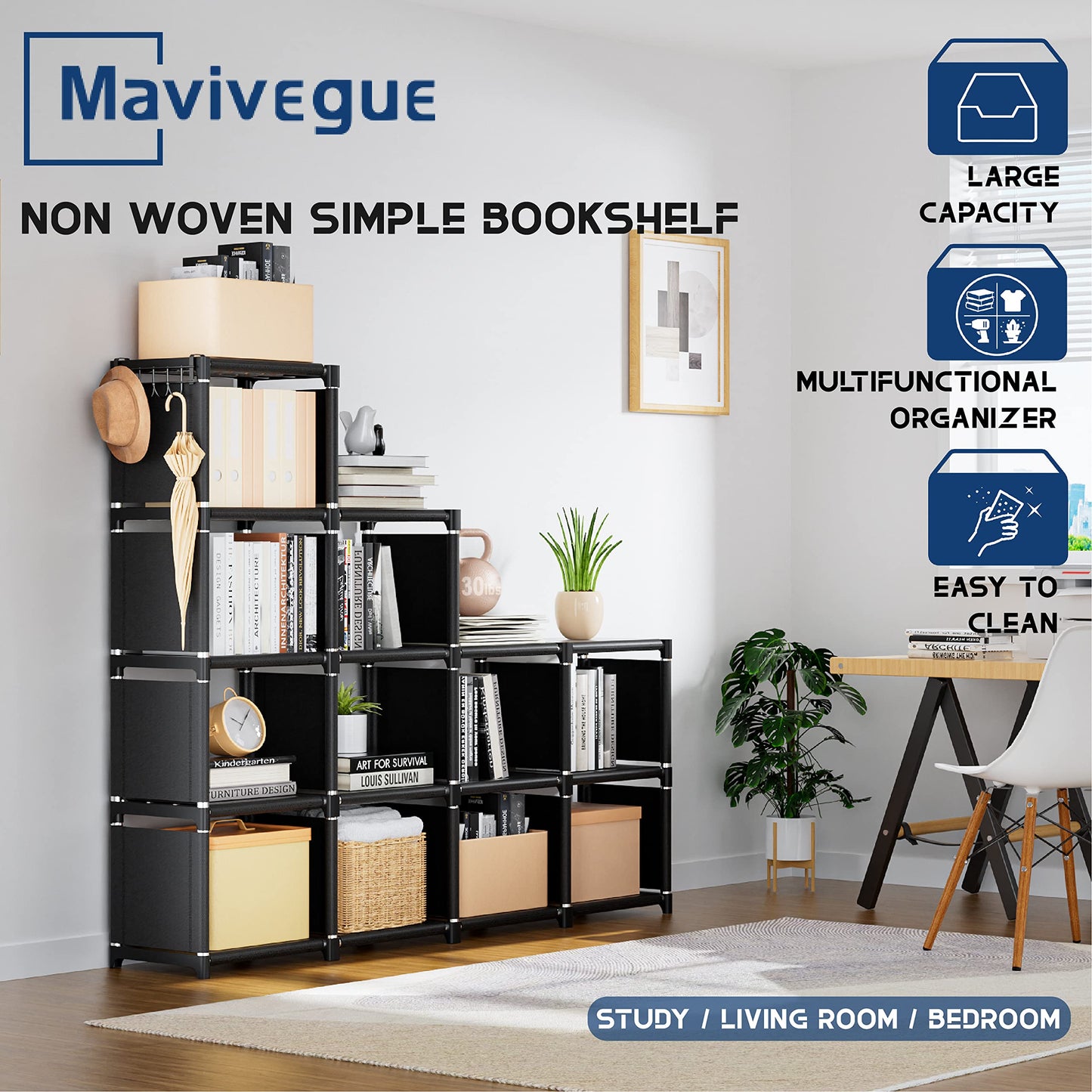 Book Shelf, 12 Cube Storage Organizer, DIY Bookcase, Metal Bookshelf,Tall Book case for Bedroom, Living Room,Office,Closet, Black Cubicle Rack