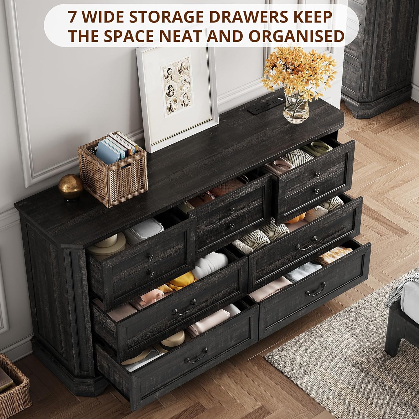 Farmhouse 7 Drawers Dresser for Bedroom, 59" Long Dresser with Charging Station, Natural Texture, Vintage Design, for Bedroom, Charcoal
