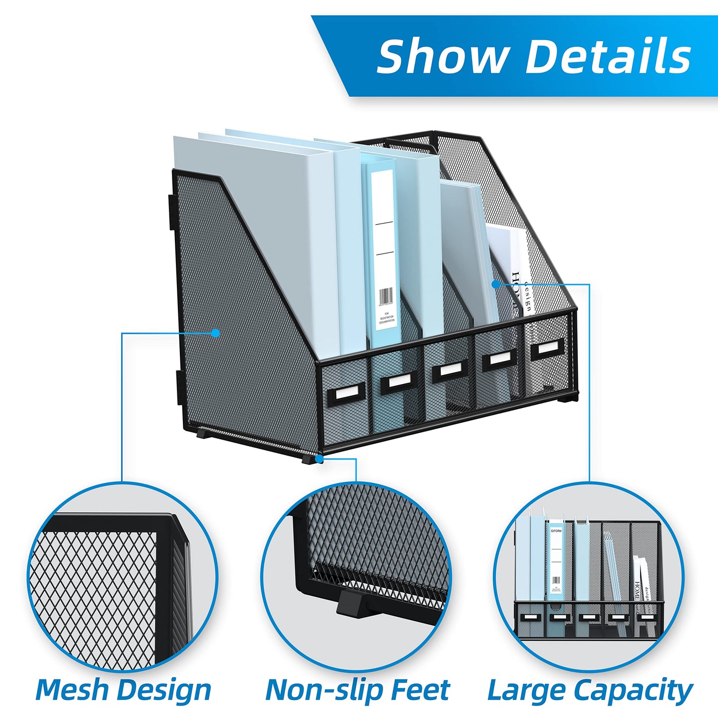 Desk Organizers Metal Desk Magazine File Holder with 5 Vertical Compartments Rack File Organizer for Office Desktop, Home Workspace, Black