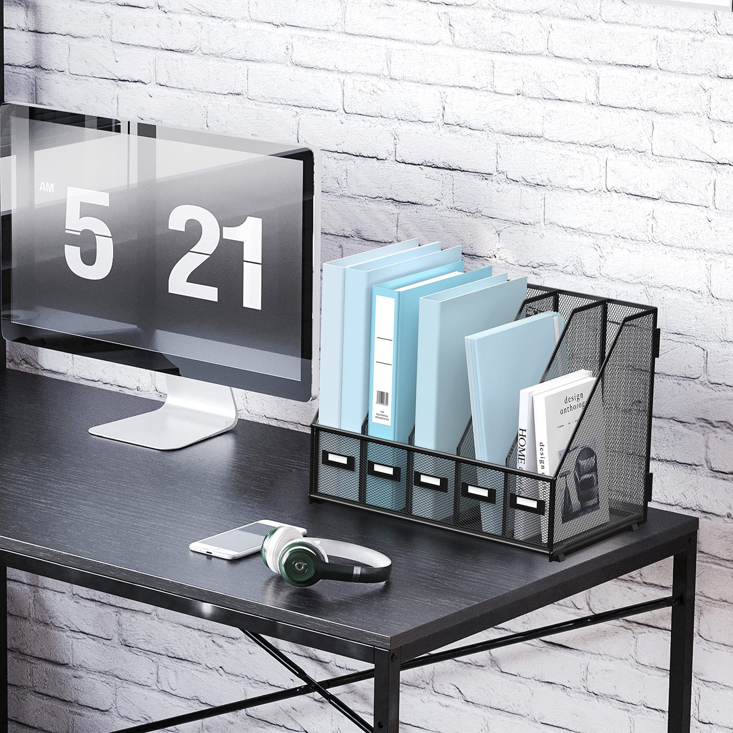 Desk Organizers Metal Desk Magazine File Holder with 5 Vertical Compartments Rack File Organizer for Office Desktop, Home Workspace, Black
