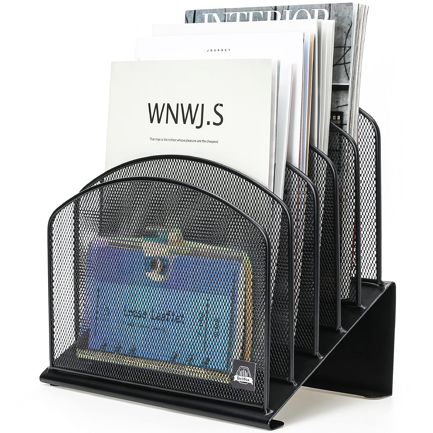 Inclined Desk File Organizer, 5-Section Vertical File Folder Holder Stand Metal Rack File Sorter for Office Classroom Desktop Organization (Black, 1Pack)