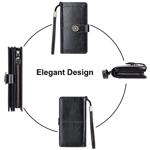 Lavemi Womens Large Capacity Genuine Leather RFID Blocking Wallets Wristlet Clutch Card Holder(Black-1)