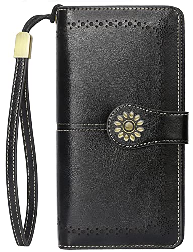 Lavemi Womens Large Capacity Genuine Leather RFID Blocking Wallets Wristlet Clutch Card Holder(Black-1)