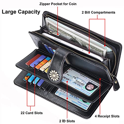 Lavemi Womens Large Capacity Genuine Leather RFID Blocking Wallets Wristlet Clutch Card Holder(Black-1)