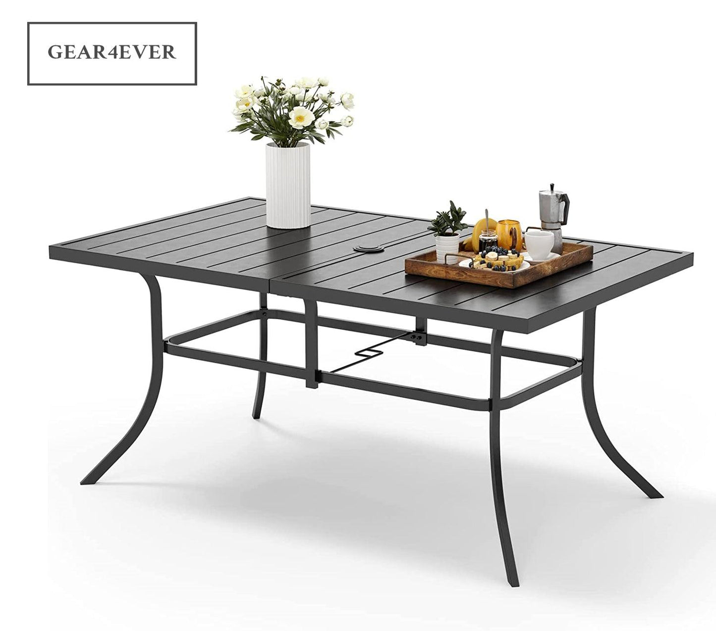 6-Person Outdoor Metal Steel Slat Dining Rectangle Table with Adjustable Umbrella Hole, Black - Better Savings Group