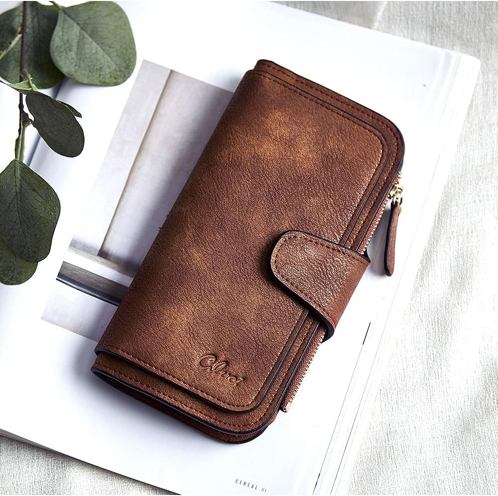 CLUCI Women Wallet Leather RFID Blocking Designer Trifold Card Holder Ladies Clutch with ID Window Vintage Blue