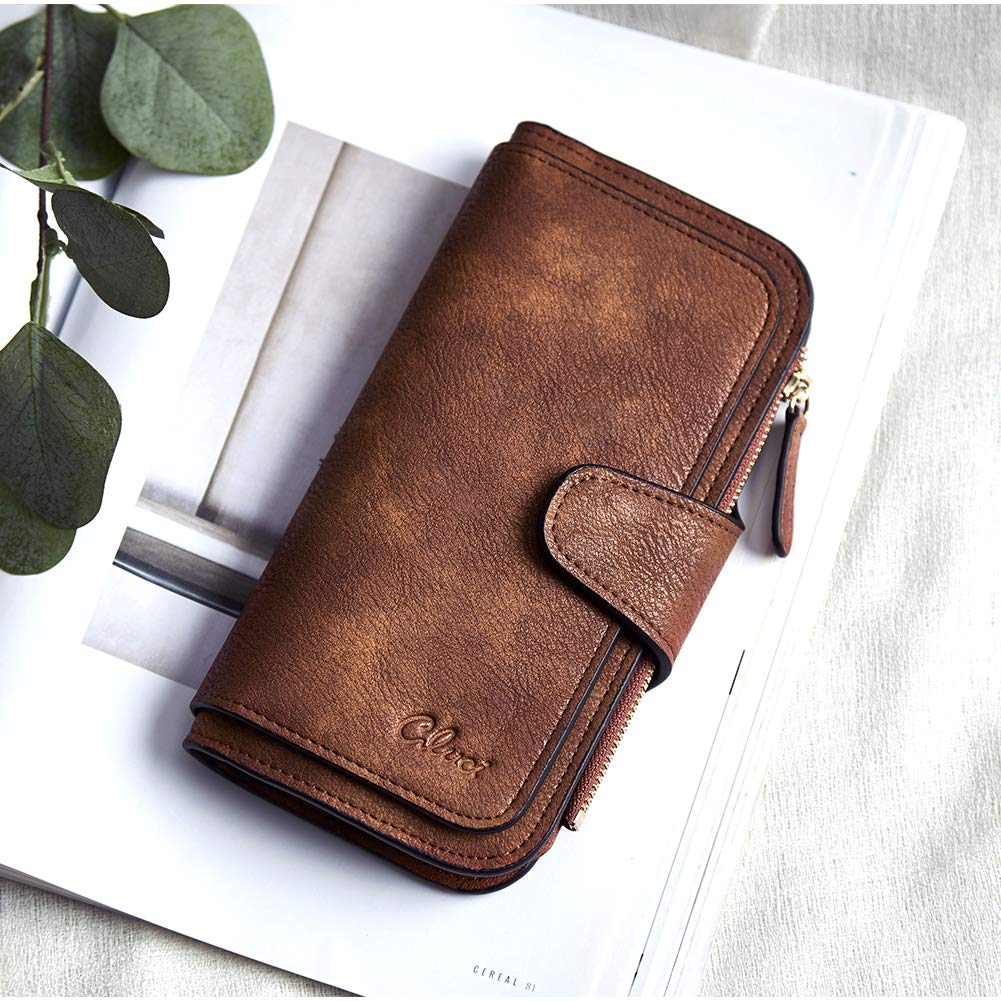 CLUCI Women Wallet Leather RFID Blocking Designer Trifold Card Holder Ladies Clutch with ID Window Vintage Blue