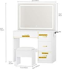 Makeup Vanity with Large LED Lighted Mirror, Vanity Desk with 4 Drawers & Power Outlet, Dressing Table with 3 Lighting Colors, Dressing Table with Cushioned Stool, Ivory White
