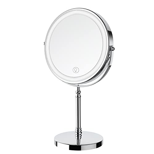 Lighted Makeup Mirror, 8" Rechargeable Double Sided Magnifying Mirror with 3 Colors, 1x/10x 360° Rotation Touch Screen Vanity Mirror, Brightness Adjustable Magnification Cosmetic Light up Mirror