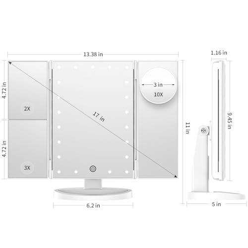 Vanity Mirror with Lights, Lighted Makeup Mirror with 2X 3X 10X Magnification, 21 LED Trifold Compact Touch Dimming Light Up Mirror, Dual Power Supply, Gifts for Women (White)