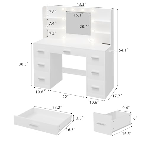 Vanity Desk with Mirror, LED Lights and Power Outlet Makeup Vanity Table with 7 Drawers and 6 Storage Shelves Dressing Table for Bedroom Dressing Room (White)