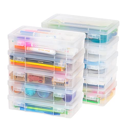 Plastic Bead Craft Hobby Art School Supply Pencil Box Storage Organizer Container with Latching Lid, 10-Pack, for Pens Ribbons Wahi Tape Sticker Yarn Ornaments, Stackable, Clear, Medium