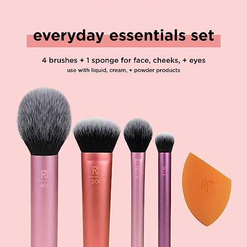 5 Piece Everyday Essentials Makeup Brush Set, Includes 4 Brushes & Makeup Sponge, For Foundation, Blush, Bronzer, Contour, Eyeshadow, & Powder, Travel Gift Set, Cruelty-Free & Vegan