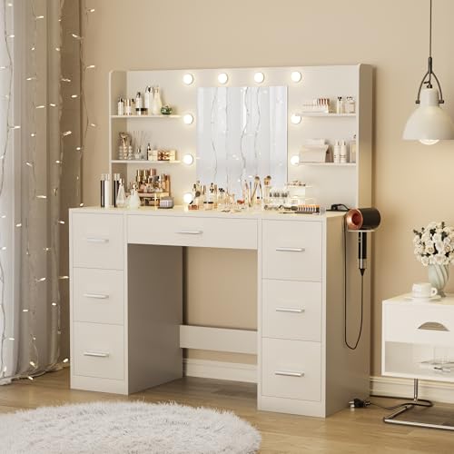 Vanity Desk with Mirror, LED Lights and Power Outlet Makeup Vanity Table with 7 Drawers and 6 Storage Shelves Dressing Table for Bedroom Dressing Room (White)