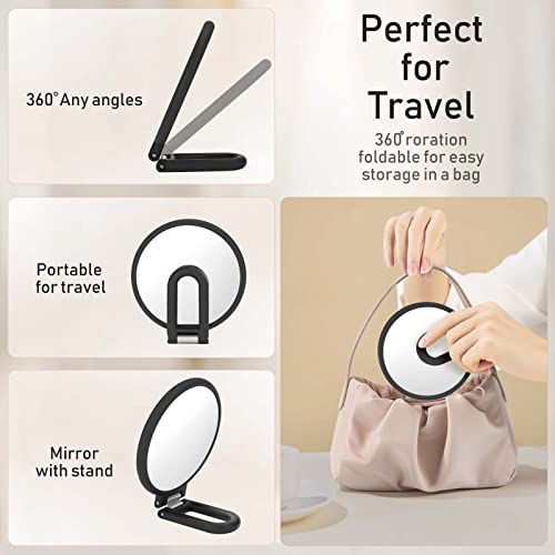 Magnifying Handheld Mirror Double Sided, 1X 15X Magnification Hand Mirror, Travel Folding Held Adjustable Rotation Pedestal Makeup Desk Vanity