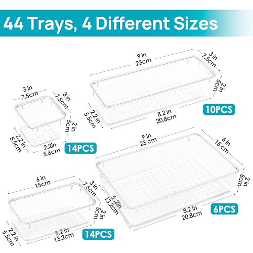 44 PCS Clear Plastic Drawer Organizers Set, 4-Size Versatile Bathroom & Vanity Organizer Trays - Non-Slip Storage Containers for Makeup