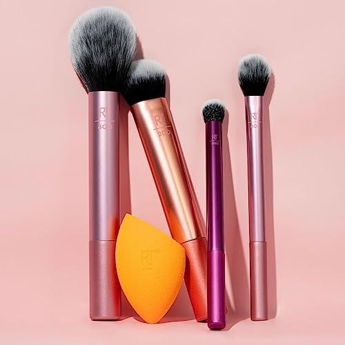 5 Piece Everyday Essentials Makeup Brush Set, Includes 4 Brushes & Makeup Sponge, For Foundation, Blush, Bronzer, Contour, Eyeshadow, & Powder, Travel Gift Set, Cruelty-Free & Vegan