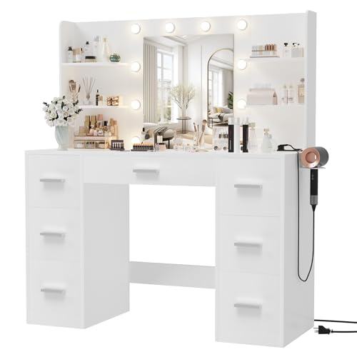 Vanity Desk with Mirror, LED Lights and Power Outlet Makeup Vanity Table with 7 Drawers and 6 Storage Shelves Dressing Table for Bedroom Dressing Room (White)