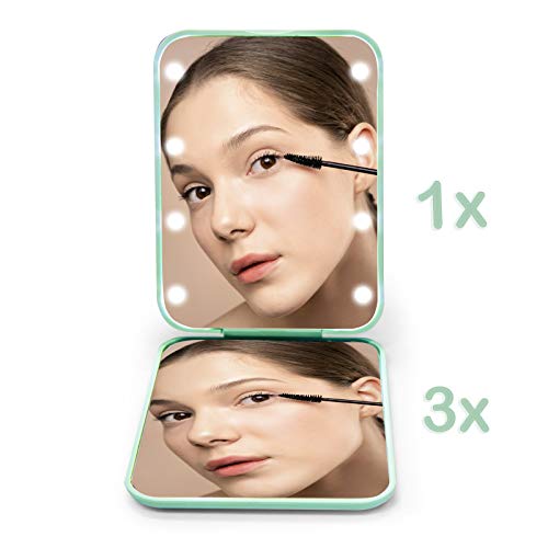 Pocket Mirror, 1X/3X Magnification LED Compact Travel Makeup Mirror with Light for Purse, 2-Sided, Portable, Folding, Handheld, Small Lighted Mirror for Gift, Cyan