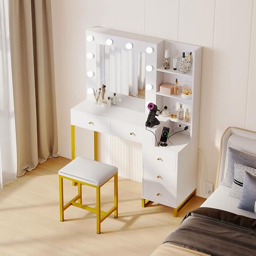Vanity Desk with Mirror & Power Outlet, Luxury Vanity Table Set with Hidden Jewelry Storage, Big Makeup Desk with 5 Drawers, Dressing Table with Cushion Stool, 3 Lighting Color Modes, White