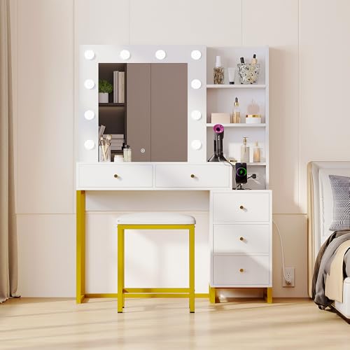 Vanity Desk with Mirror & Power Outlet, Luxury Vanity Table Set with Hidden Jewelry Storage, Big Makeup Desk with 5 Drawers, Dressing Table with Cushion Stool, 3 Lighting Color Modes, White