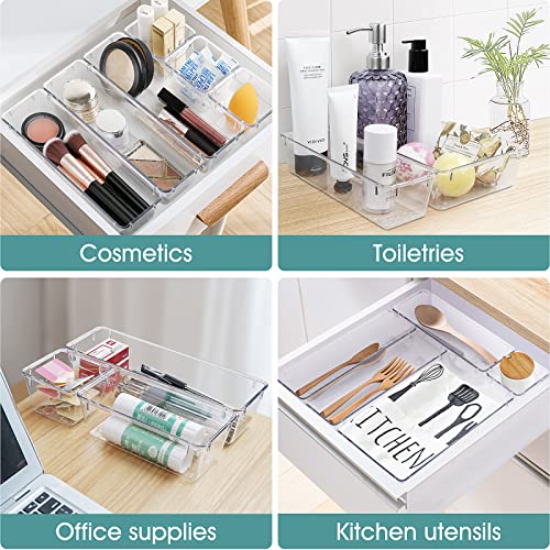 25 PCS Clear Plastic Drawer Organizer Set, 4 Sizes Desk Drawer Divider Organizers and Storage Bins for Makeup, Jewelry, Kitchen