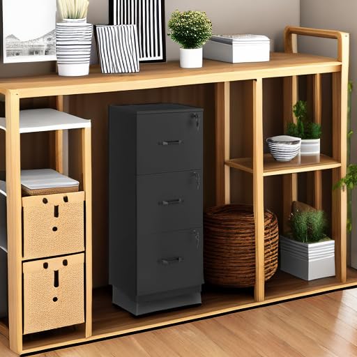 3 Drawer File Cabinet, File Cabinet with Lock, Printer Stand, Office Filing Cabinet Organizer, for A4 and Letter Size Files, Ink Black