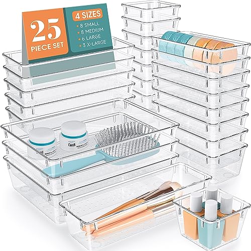 25 PCS Clear Plastic Drawer Organizer Set, 4 Sizes Desk Drawer Divider Organizers and Storage Bins for Makeup, Jewelry, Kitchen