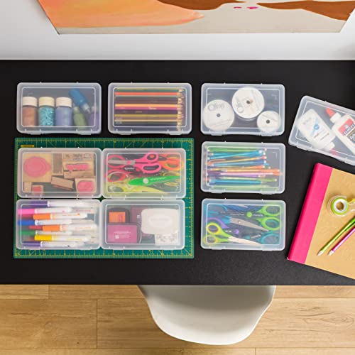 Plastic Bead Craft Hobby Art School Supply Pencil Box Storage Organizer Container with Latching Lid, 10-Pack, for Pens Ribbons Wahi Tape Sticker Yarn Ornaments, Stackable, Clear, Medium