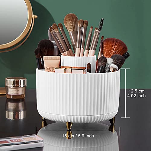 Makeup Brush Holder Organizer,360° Rotating Organizer,5 Slot Cup for Cosmetics, Nail Polish, Bathroom Vanity Desktop Organizer - White