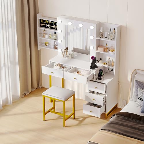 Vanity Desk with Mirror & Power Outlet, Luxury Vanity Table Set with Hidden Jewelry Storage, Big Makeup Desk with 5 Drawers, Dressing Table with Cushion Stool, 3 Lighting Color Modes, White