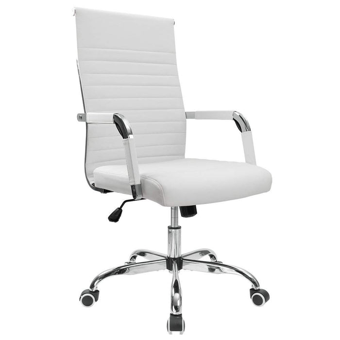 Ribbed Office Desk Chair Mid-Back PU Leather Executive Conference Task Chair Adjustable Swivel Chair with Arms (White)