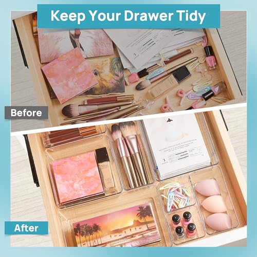 44 PCS Clear Plastic Drawer Organizers Set, 4-Size Versatile Bathroom & Vanity Organizer Trays - Non-Slip Storage Containers for Makeup