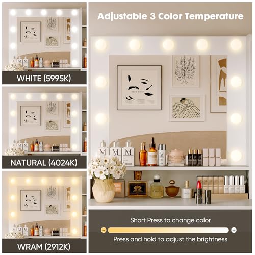 Vanity Desk with Adjustable Lighten Mirror & Power Outlet, Makeup Desk for Bedroom with a Storage Stool and 3 Drawers, 4 Storage Shelves, White Dresser for Girls