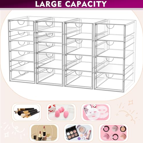 Acrylic Makeup Organizer with 19 Drawers, 4 Pack Clear Storage Drawers, Bathroom Makeup Organizer for Palettes, Cosmetic, and Beauty Supplies,Ideal for Vanity, Cabinet,Desk Organization